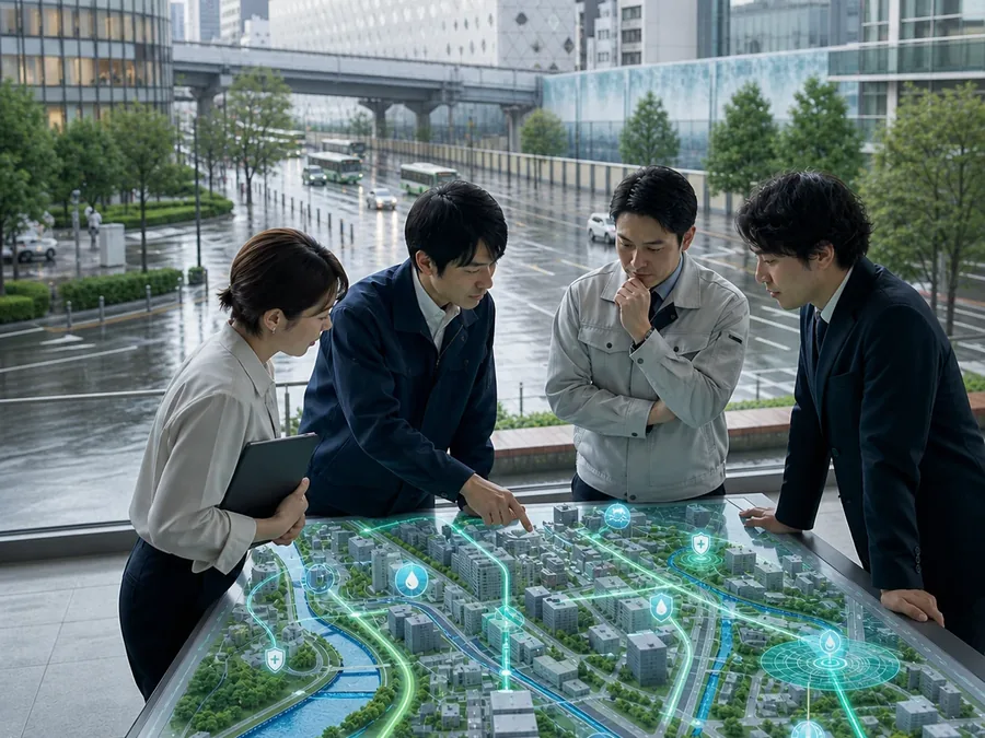 都市の地図を前に対策を検討する人たち