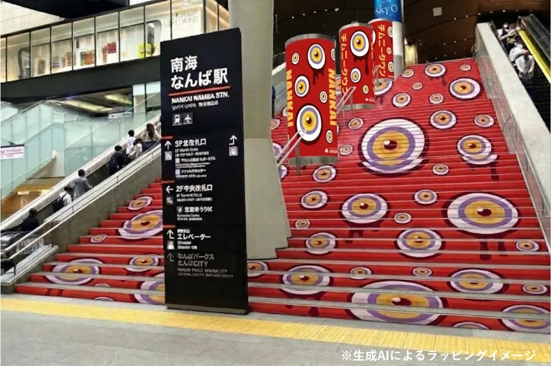 赤地に目玉模様が並ぶ南海なんば駅の大階段のラッピング(生成AIによるイメージ)