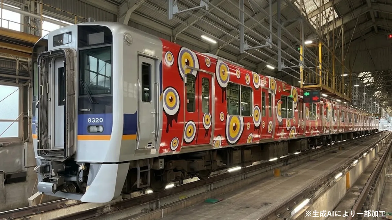 赤地に目玉模様をあしらった南海8300系のラッピング車両(生成AIにより一部加工)