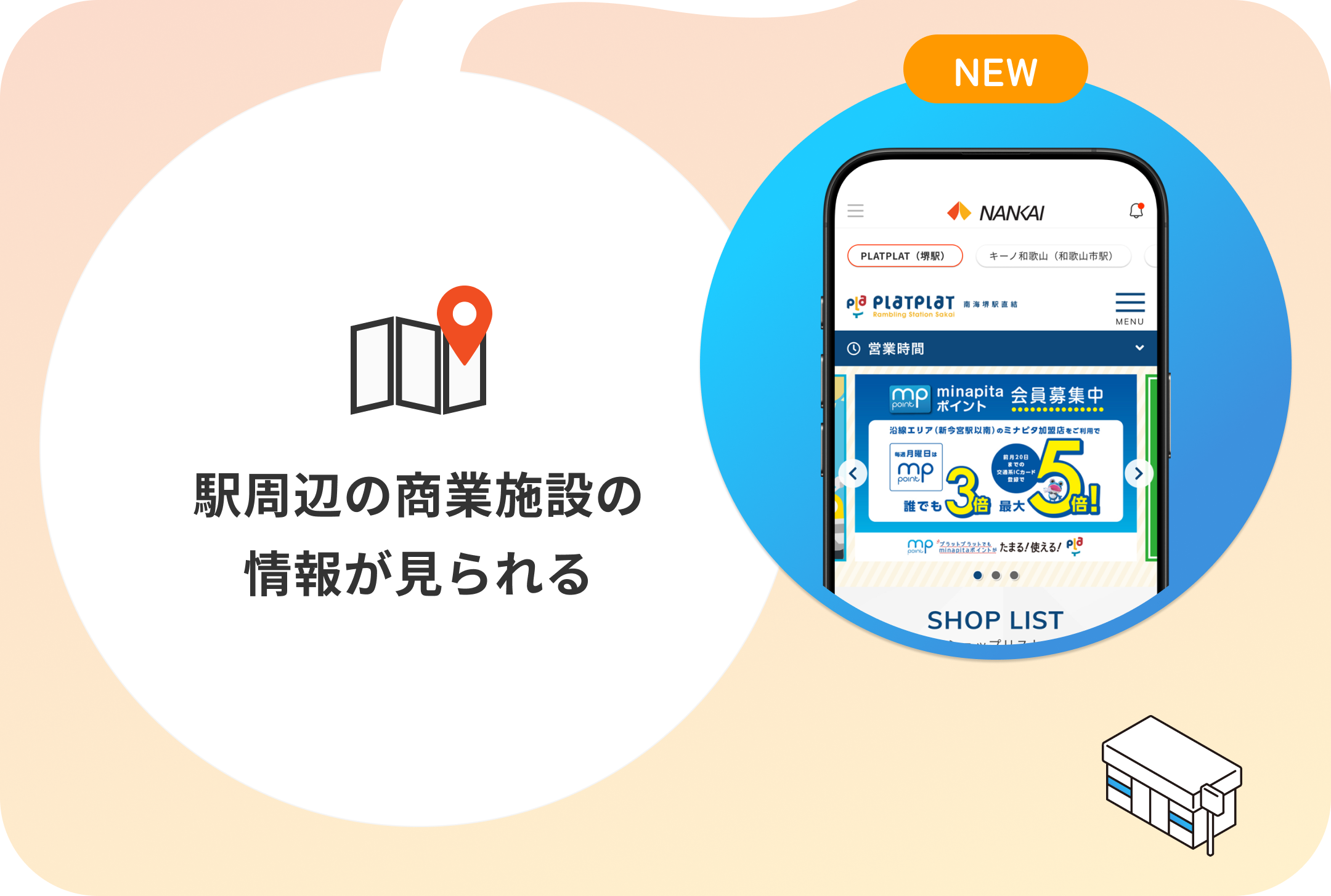 駅周辺の商業施設の情報が見られる